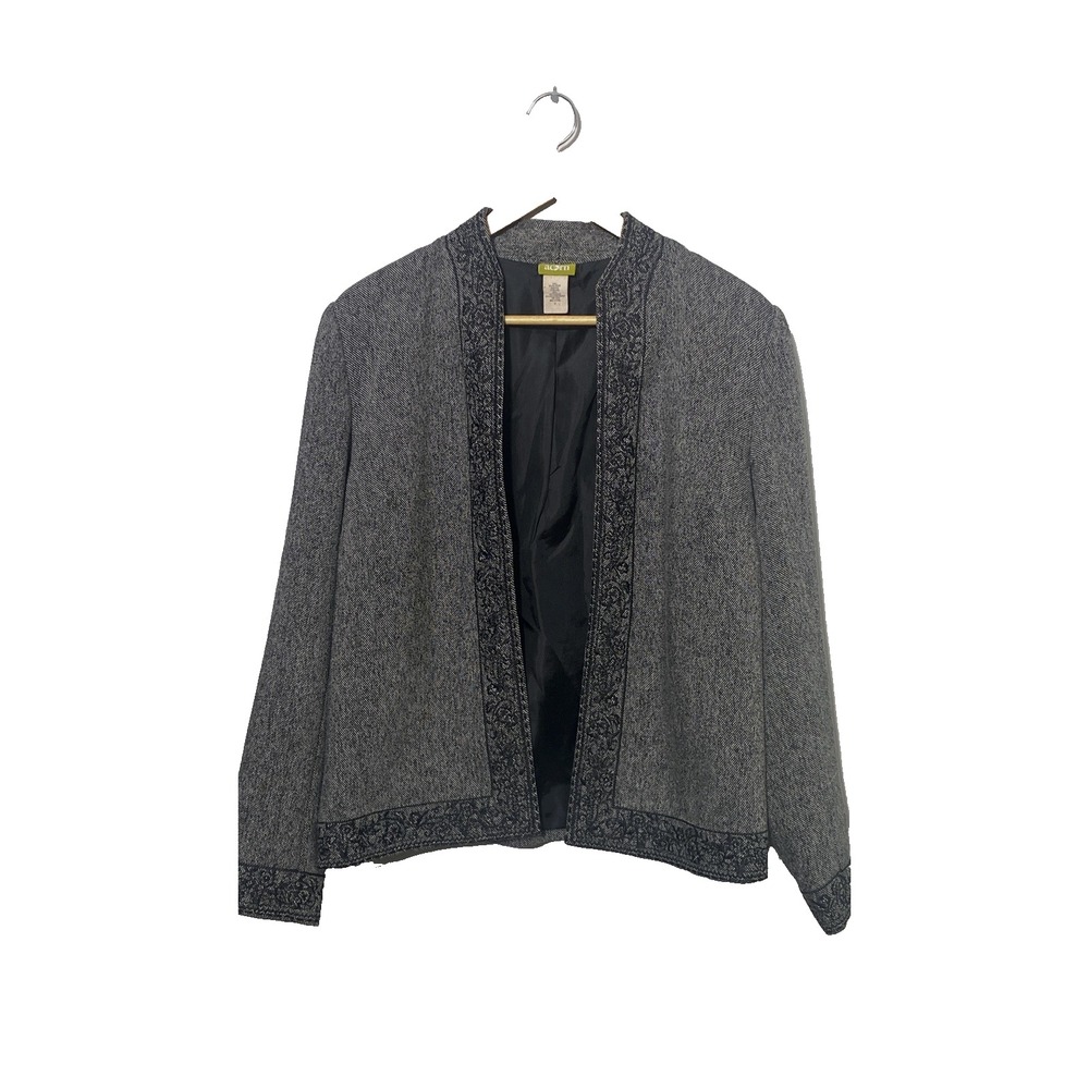 VTG Acorn Classic Gray Tweed Open Front Jacket Embroidered Trim Y2K Size Small